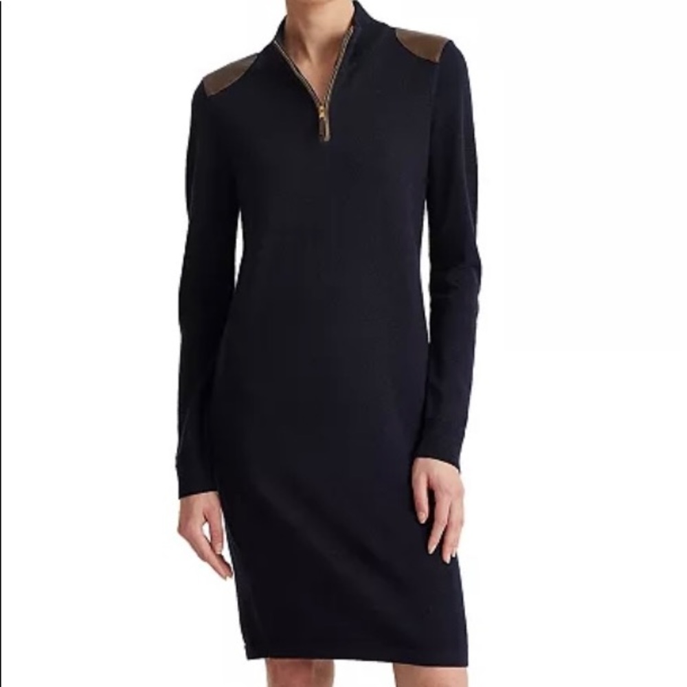 NWT Lauren Ralph Lauren Quarter Zip Wool Sweater Dress Navy Blue